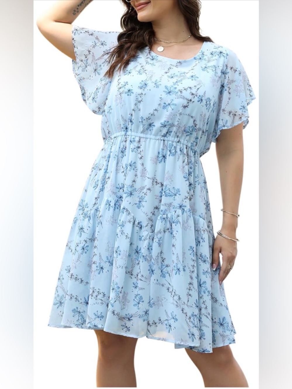 Nemidor Light Blue Boho Midi Chiffon Print Floral Dress with Ruffle Sleeve (24)